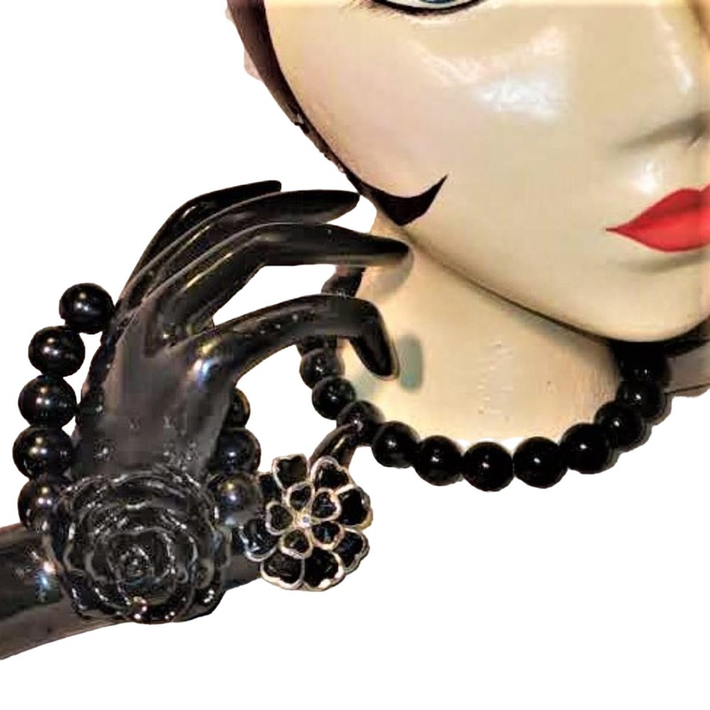 Classy Bold Black Flower Power Necklace Bracelet & Earring Set Lot